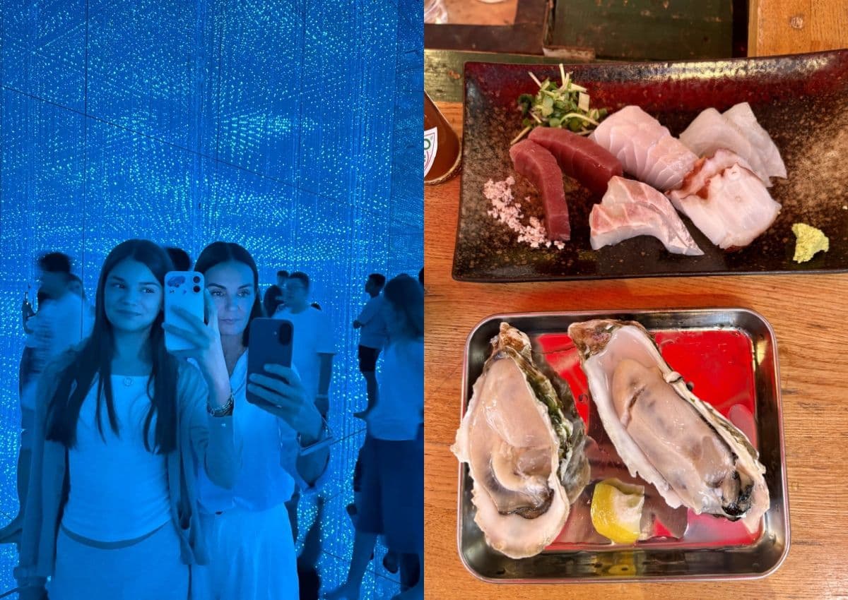 Links ein Mutter-Tochter-Selfie im teamLab Tokyo, rechts frischer Sushi und Sashimi auf dem Tsukiji-Markt
