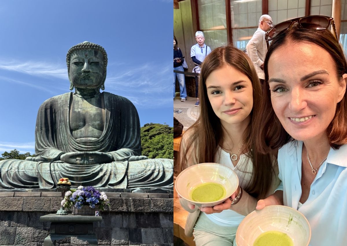 Links der Grosse Buddha von Kamakura, rechts Mutter und Tochter mit Matcha-Schalen