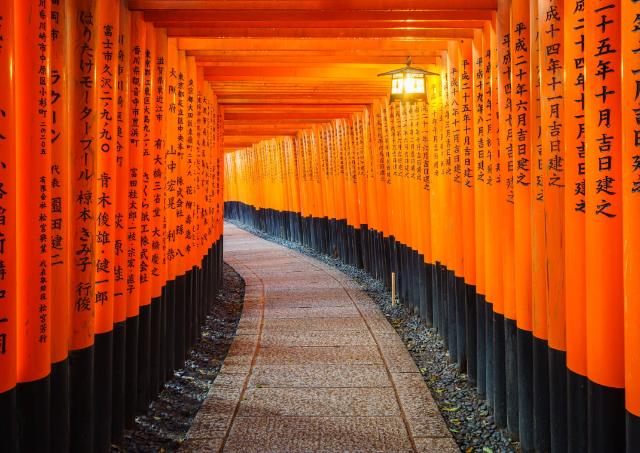 Wäg dur orange Torii-Töri bim japansche Schrin